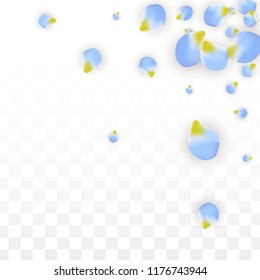 Vector Realistic Blue Petals Falling on Transparent Background.  Spring Romantic Flowers Illustration. Flying Petals. Sakura Spa Design.  Blossom Confetti. Design Elements for  Wedding Decoration.