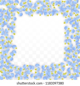 Vector Realistic Blue Petals Falling on Transparent Background.  Spring Romantic Flowers Illustration. Flying Petals. Sakura Spa Design.  Blossom Confetti. Design Elements for  St. Valentine Day.