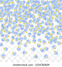 Vector Realistic Blue Petals Falling on Transparent Background.  Spring Romantic Flowers Illustration. Flying Petals. Sakura Spa Design.  Blossom Confetti. Design Elements for  Mother's Day.