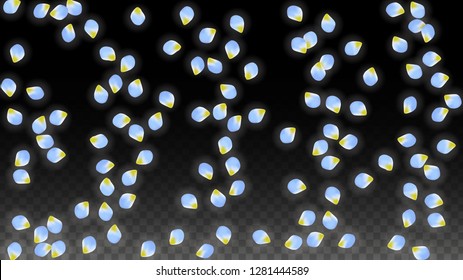 Vector Realistic Blue Petals Falling on Transparent Background.  Spring Romantic Flowers Illustration. Flying Petals. Sakura Spa Design.  Blossom Confetti. Design Elements for  8 March Card.
