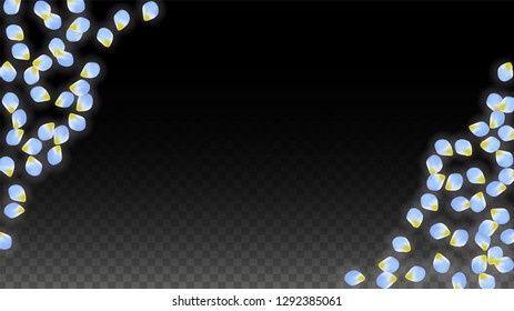 Vector Realistic Blue Petals Falling on Transparent Background.  Spring Romantic Flowers Illustration. Flying Petals. Sakura Spa Design.  Blossom Confetti. Design Elements for  Poster Design. 