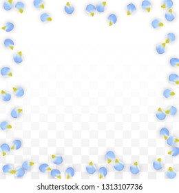 Vector Realistic Blue Petals Falling on Transparent Background.  Spring Romantic Flowers Illustration. Flying Petals. Sakura Spa Design.  Blossom Confetti. Design Elements for  Wedding Decoration.