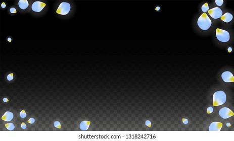 Vector Realistic Blue Petals Falling on Transparent Background.  Spring Romantic Flowers Illustration. Flying Petals. Sakura Spa Design.  Blossom Confetti. Design Elements for  Mother's Day.