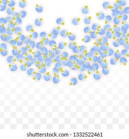 Vector Realistic Blue Petals Falling on Transparent Background.  Spring Romantic Flowers Illustration. Flying Petals. Sakura Spa Design.  Blossom Confetti. Design Elements for  St. Valentine Day.