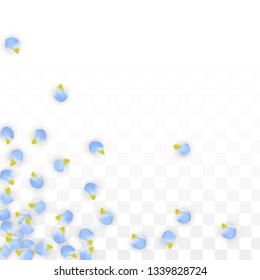 Vector Realistic Blue Petals Falling on Transparent Background.  Spring Romantic Flowers Illustration. Flying Petals. Sakura Spa Design.  Blossom Confetti. Design Elements for  Mother's Day.