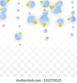Vector Realistic Blue Petals Falling on Transparent Background.  Spring Romantic Flowers Illustration. Flying Petals. Sakura Spa Design.  Blossom Confetti. Design Elements for  Mother's Day.