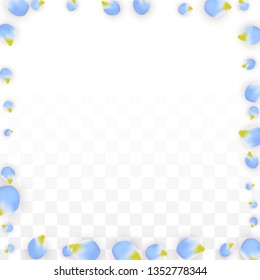 Vector Realistic Blue Petals Falling on Transparent Background.  Spring Romantic Flowers Illustration. Flying Petals. Sakura Spa Design.  Blossom Confetti. Design Elements for  Poster Design. 
