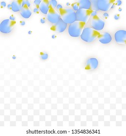 Vector Realistic Blue Petals Falling on Transparent Background.  Spring Romantic Flowers Illustration. Flying Petals. Sakura Spa Design.  Blossom Confetti. Design Elements for  St. Valentine Day.