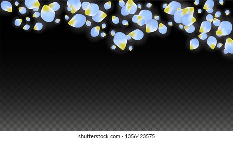 Vector Realistic Blue Petals Falling on Transparent Background.  Spring Romantic Flowers Illustration. Flying Petals. Sakura Spa Design.  Blossom Confetti. Design Elements for  8 March Card.