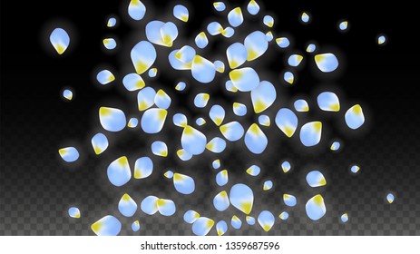 Vector Realistic Blue Petals Falling on Transparent Background.  Spring Romantic Flowers Illustration. Flying Petals. Sakura Spa Design.  Blossom Confetti. Design Elements for  Mother's Day.