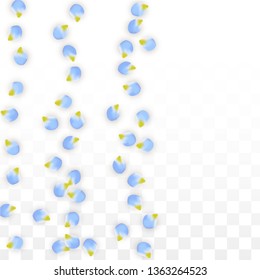 Vector Realistic Blue Petals Falling on Transparent Background.  Spring Romantic Flowers Illustration. Flying Petals. Sakura Spa Design.  Blossom Confetti. Design Elements for  Wedding Decoration.