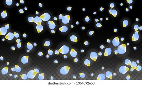 Vector Realistic Blue Petals Falling on Transparent Background.  Spring Romantic Flowers Illustration. Flying Petals. Sakura Spa Design.  Blossom Confetti. Design Elements for  St. Valentine Day.