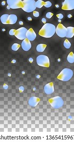 Vector Realistic Blue Petals Falling on Transparent Background.  Spring Romantic Flowers Illustration. Flying Petals. Sakura Spa Design.  Blossom Confetti. Design Elements for  Mother's Day.