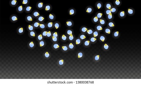 Vector Realistic Blue Petals Falling on Transparent Background.  Spring Romantic Flowers Illustration. Flying Petals. Sakura Spa Design.  Blossom Confetti. Design Elements for  Wedding Decoration.