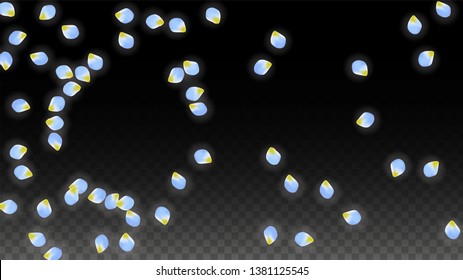 Vector Realistic Blue Petals Falling on Transparent Background.  Spring Romantic Flowers Illustration. Flying Petals. Sakura Spa Design.  Blossom Confetti. Design Elements for  Poster Design. 
