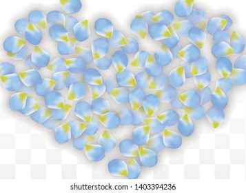 Vector Realistic Blue Petals Falling on Transparent Background.  Spring Romantic Flowers Illustration. Flying Petals. Sakura Spa Design.  Blossom Confetti. Design Elements for  St. Valentine Day.