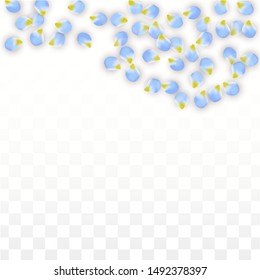 Vector Realistic Blue Petals Falling on Transparent Background.  Spring Romantic Flowers Illustration. Flying Petals. Sakura Spa Design.  Blossom Confetti. Design Elements for  St. Valentine Day.