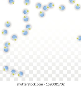 Vector Realistic Blue Petals Falling on Transparent Background.  Spring Romantic Flowers Illustration. Flying Petals. Sakura Spa Design.  Blossom Confetti. Design Elements for  St. Valentine Day.