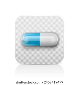 Vector Realistic Blue Pharmaceutical Medical Pill, Vitamins, Capsule in Blister Closeup Isolated. Pill in Blister Packaging Design Template. Front View. Medicine, Health Concept