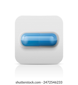 Vector Realistic Blue Pharmaceutical Medical Pill, Vitamins, Capsule in Blister Closeup Isolated. Pill in Blister Packaging Design Template. Front View. Medicine, Health Concept