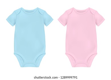 Vector Realistic Blue and Pink Blank Baby Bodysuit Template, Mock-up Closeup Isolated on White. Front and Back Side. Body children, baby shirt, onesie. Accessories, clothes for newborns. Top view