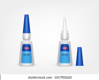 Vector realistic blue plastic tube of glue, with open lid and closed, with label and brand information isolated on background. Container with adhesive for any purpose. Mockup for package design