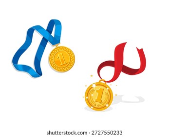 Vector Realistic azul, rojo y dorado, Medalla de premio Icon Set, aislado. Diseño para Certificados, Premios en blanco.