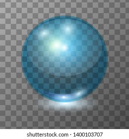 Vector realistic blue transparent glass ball, shine sphere or soup bubble with patch of light on dark background. 3D illustration.