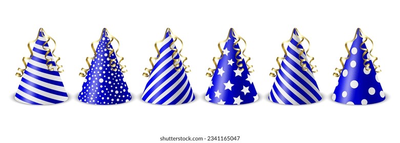 Vector Realistic Blue and White Birthday Party Hat Icon Set Isolated on White Background. Party Cap Design Template for Party Banner, Greeting Card. Holiday Hats, Cone Shape, Front View