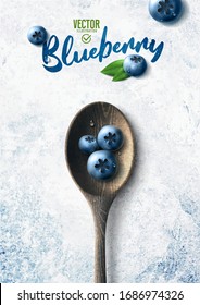 Vector realistic blueberry illustration, wooden spoon and leaves on white stone background
