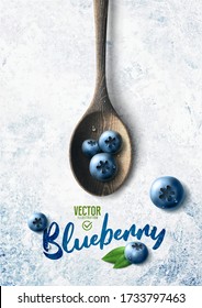 Vector realistic blueberry illustration, wooden spoon and leaves on white stone background