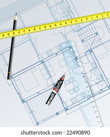 vector realistic blueprint of the house with pencil, ruler and measuring tape