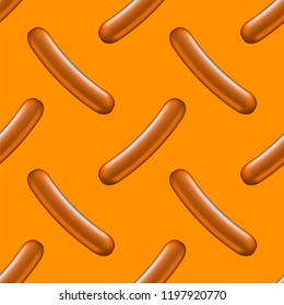 Vector Realistic Boiled Sausage Seamless Pattern on Orange Background. Street Fast Food.