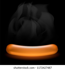 Vector Realistic Boiled Sausage and Water Vapor Isolated on Black Background. Street Fast Food.