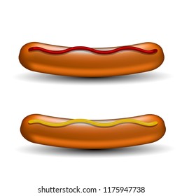 Vector Realistic Boiled Sausages With Ketchup and Mustard Isolated on White Background. Street Fast Food.