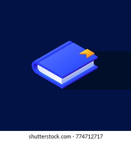 Vector realistic book. Isometric notepad with bookmark on dark background. Library flat icon.