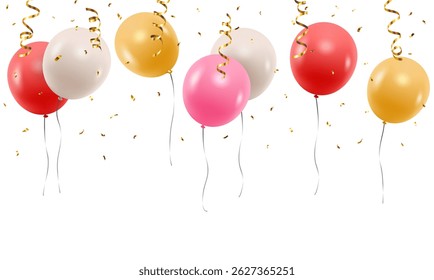 Vector borde realista con globos voladores coloridos - celebración, decoración de la invitación en el fondo blanco