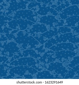 Vector realistic botany cherry branch repeat pattern with spring floral on dot. Beautiful classic design for wedding, event. Nature background. Print, fabric, stationary.