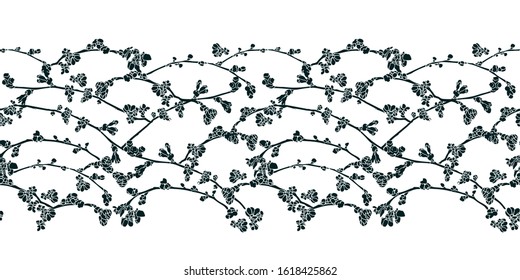 Vector realistic botany cherry tree repeat border with spring floral. Beautiful design for wedding, event. Nature background. Print, fabric, stationary.