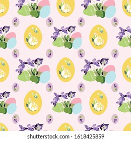 Vector realistic botany easter repeat pattern with violet, easter egg. Beautiful colorful design for your family event. Nature background. Print, fabric, stationary.