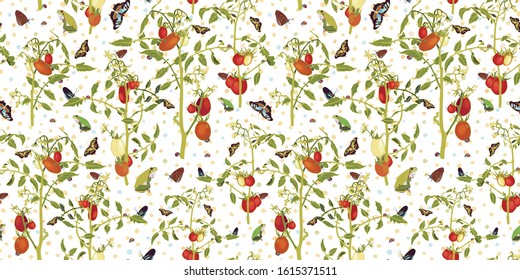 Vector realistic botany tomato garden repeat pattern with tomato plant, butterfly, animal, dotted background. Elegant summer design, garden lovers, kitchen wear. Wildlife background.