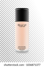 Vector realistic bottle with brand name for cosmetic products,cream, foundation.Transparent matt bottle with a black lid.Isolated object on a transparent background.