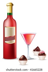 A vector realistic bottle of red wine, glass and sweets