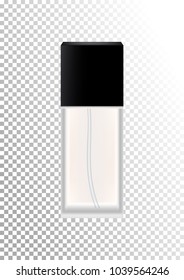 Vector realistic bottles for cosmetic products, perfume, toilet water.Transparent flacon with a black lid. Isolated object on a transparent background.