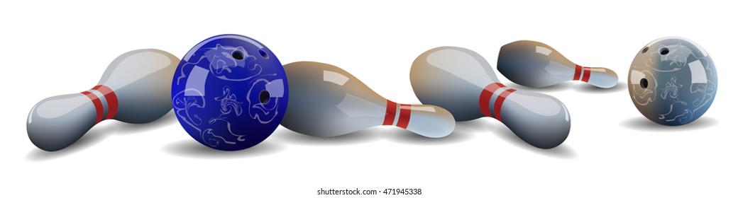 Vector realistic bowling balls and lying bowling pins. 