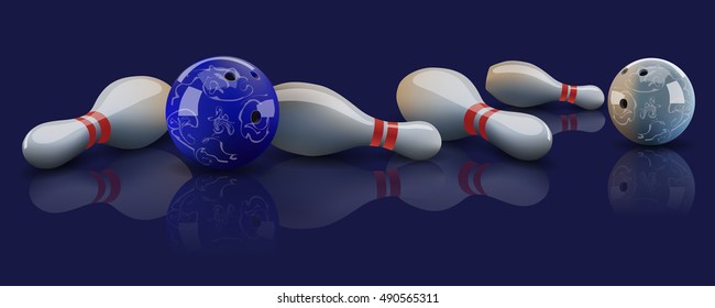 Vector realistic bowling balls and lying bowling pins with mirror reflection on dark background. 