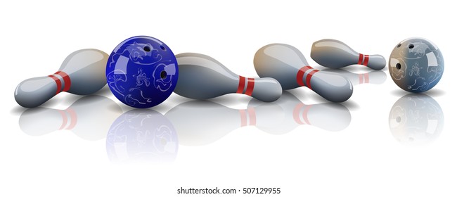 Vector realistic bowling balls and lying bowling pins with mirror reflection.