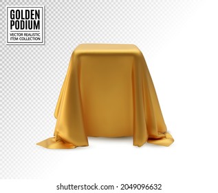 Vector realistic box covered with golden silk cloth on transparent background. Empty podium, stand with tablecloth to show magic tricks. Secret gift, hidden under satin fabric with drapery and folds