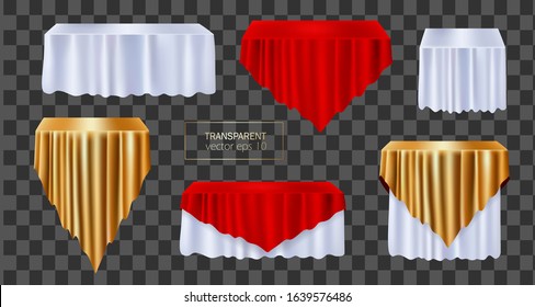 Vector realistic box covered with red silk cloth isolated on transparent background. Podium, stand with tablecloth for award ceremony. Sale illustration hidden under satin fabric with drapery folds