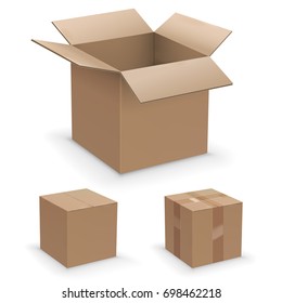 Vector Realistic Box Set, Recycle Or Packaging Brown Cardboard Boxes Collection, Open, Closed And Sealed